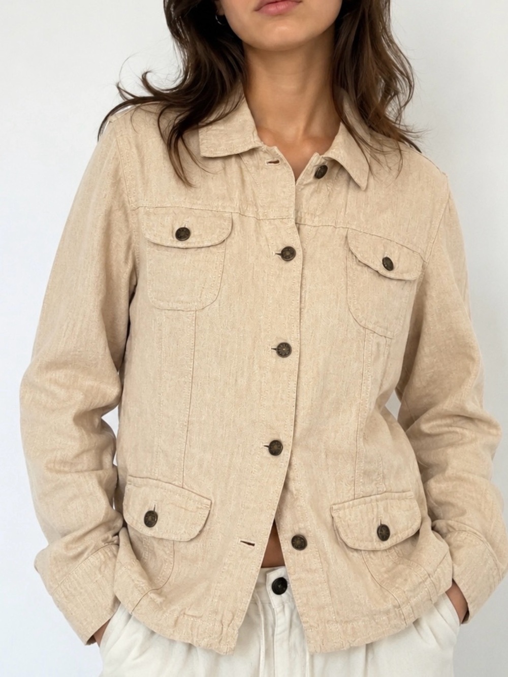 J Jill 100% Linen Utility Jacket XL Beige Natural Button Front